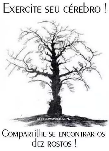 Tente encontrar os 10 rostos. Uma imagem de ilusão de ótica de uma árvore....