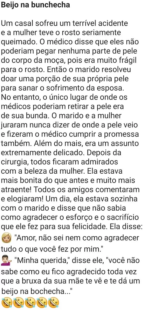 Beijo na buchecha. Um casal sofreu um acidente e a mulher teve o rosto....