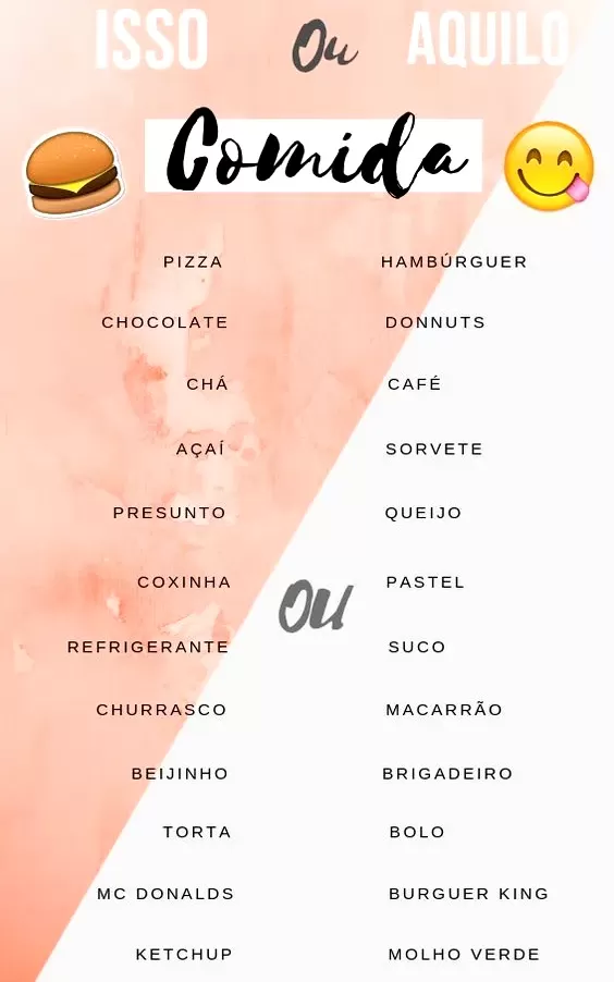 Isso ou aquilo - comida. Pizza, chocolate, chá, açaí, hamburguer, o que você prefere?.
