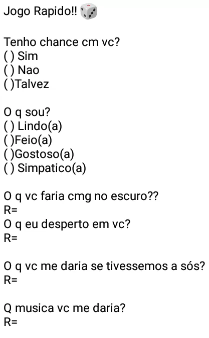 Jogo rápido. Jogo de perguntas e respostas para ajudar a conquistar aquela(e) gata(o).