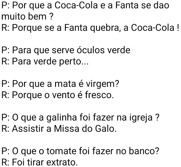 Mais charadas. Você já sabe o que a galinha foi fazer na igreja, ou por que a mata é virgem? Confira essa postagem e veja as respostas....