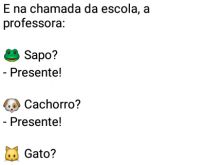 A chamada na escola dos animais. A professa faz a chamada, todos animais estão presentes, mas....