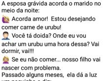 A esposa e a carne de urubu. A esposa grávida acorda o marido no meio da noite:
🙋🏼 Acorda amor! .