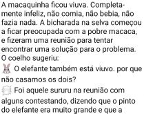 O elefante e a macaquinha. A macaquinha ficou viuva. Completamente infeliz, não comia, não bebia, não fazia nada....
