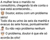 A mulher leva o marido no cons.... Uma senhora leva seu marido, um senhor de idade no consultório....