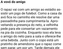 A vovó do amigo. O rapaz vai com um amigo ao estádio assistir um jogo de futebol....