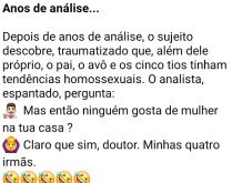 Anos de análise.... Um sujeito vai no consultório do analista para entender o porque sua família tem tendência tão alta de....