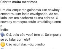 Cabrita mentirosa. O cawboy estava galopando quando viu um índio com um cachorro e perguntou pra ele....