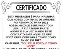 Certificado de amizade renovad.... Esta mensagem é para informar que nosso contrato de amizade foi renovado para 2022..