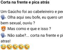 Corta na frente e pica atrás. Um gaúcho foi ao cabelereiro e pediu para fazer um corte especial....