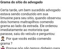 Cortar grama do jardim do advo.... Um advogado estava indo para seu sítio em sua limosine, quando observou dois homens maltrapilhos comendo grama....