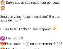 Deixe seu amigo responder por .... Será que você me conhece bem? E o que acha de mim?.