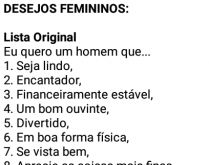 Lista de desejos femininos. Lista de desejos femininos, conforme a idade....