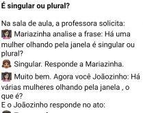É singular ou plural?. A professora pergunta aos seus alunos se uma frase esta no singular ou plural, confira..