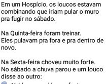 Fuga adiada. Num hospício, os loucos estavam tramando uma fuga... mas algo inesperado acontece..