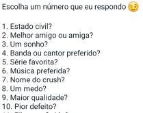 Escolha um número que eu resp.... Estado civil? Melhor amigo ou amiga? Um sonho...?.