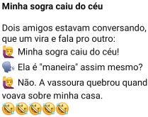 Minha sogra caiu do céu. Estavam lá, dois amigos conversando, até que um fala para o outro que a sogra dele caiu do céu....