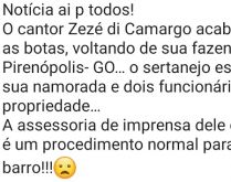 Zezé di Camargo bate as botas. Notícia de última hora para descontração da galera do grupo....