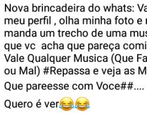 Nova brincadeira: Qual música.... Vai no meu perfil, olhe minha foto e manda um trecho de uma música que parece comigo....
