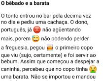 O bêbado e a barata. Tava lá no bar um bêbado chapado, vira o primeiro copo que vê na mesa, mas não percebe....