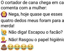 Quase que 4 dedos foram para a.... O cortador de cana chega em casa e comenta com a mulher....