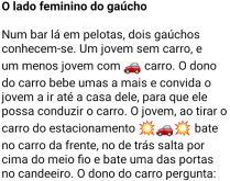 O lado feminino do gaúcho. Estavam dois gaúchos, lá de pelotas, num bar, quando um deles, já bêbado pede ao outro para dirigir o seu carro....