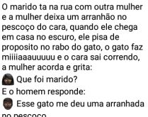 Esse gato ta o bicho hoje. O marido ta na rua com outra mulher e a mulher deixa um arranhão....