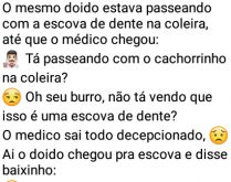 O doido passeando com a escova.... O médico vê um doido passeando com a escova na coleira e pergunta se tá passeando com o cachorrinho....