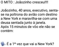O MITO: Joãozinho cresceu!!!. Joãozinho, agora com 40 anos, viaja de avião, senta-se ao lado de uma bela mulher e começa a conversar com ela....