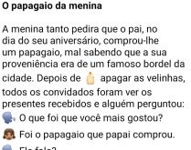 O papagaio da menino. No dia do aniversário da menina, seu pai compra um papagaio e dá de presente para ela....