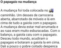 O papagaio na mudança. O homem estava em processo de mudança de residencia e colocou o papagaio para levá-lo junto aos móveis....