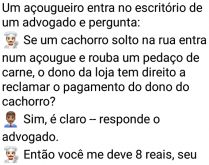 Advogado e o açougueiro. Um açougueiro tem um pedaço de carne da sua loja roubado por um cachorro e pergunta para o advogado o que pode fazer... confira..