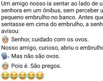 Cuidado com os ovos. Um amigo nosso ia sentar ao lado de uma senhora em um ônibus....