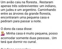 Um avião caiu numa floresta. E restaram apenas 3 sobreviventes, um indiano, um judeu e um argentino....