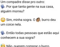 Coice do burro na sogra. O compadre chega na casa do outro e vê várias pessoas na porta e logo pergunta....
