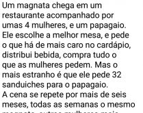 O magnata e o papagaio. Um magnata, sempre acompanhado pelo seu papagaio insasiável, vai todas as semana à um restaurante chique....