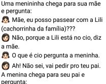 Mãe, posso passear com a Lili?. Uma garotinha vira para sua mãe e pergunta se pode passear com sua cachorrinha....