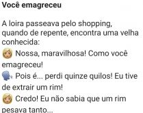 Você emagreceu. Uma loira vê uma amiga de muitos anos e percebe que ela está bem mais magra do que antes....
